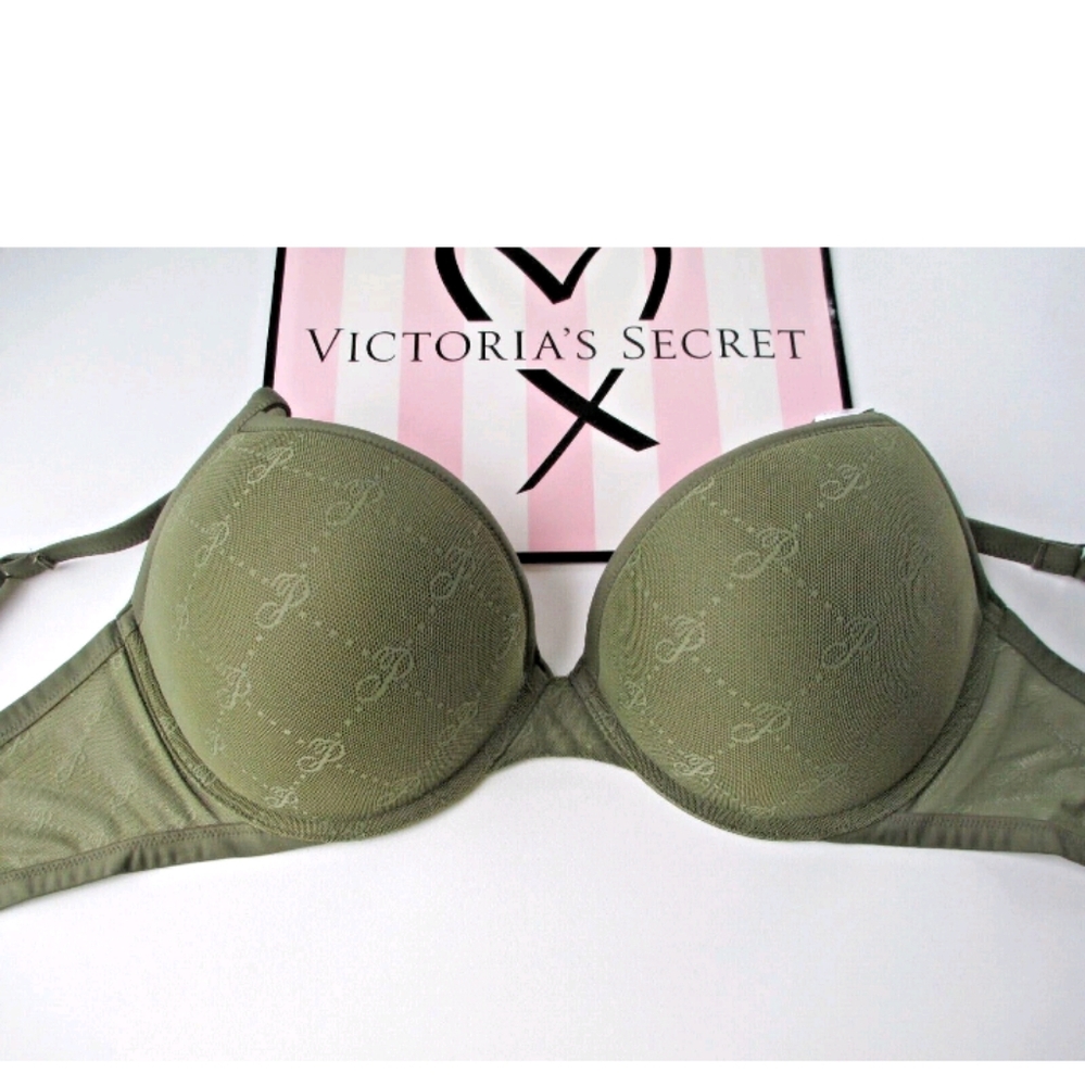 VICTORIA'S SECRET PINK Super Push-Up Bra VS Logo Mesh Casual New Olive Green NWT